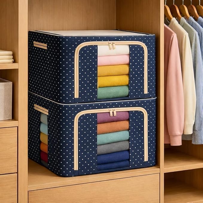 66 Liters Foldable Cloth Storage Organizer Box | Steel Frame Wardrobe Organizer for Sarees, Clothes, Blankets | Space Saving Almirah Storage with Handle (Pack Of1)-image-2