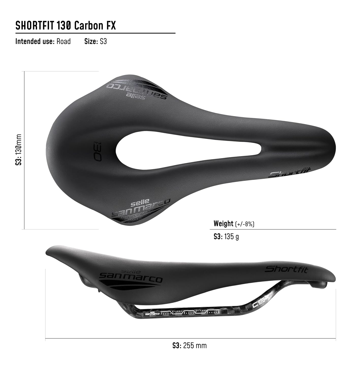 Selle San Marco SHORTFIT 130 Carbon FX - Ergonomic Short Road Bike