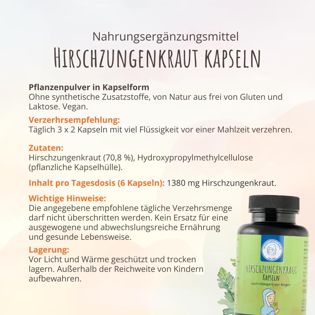 Hirschzungenkraut Kapseln | nach Hildegard von Bingen | 100% natürlich | Kapselhülle aus Cellulose | 90 Kapseln