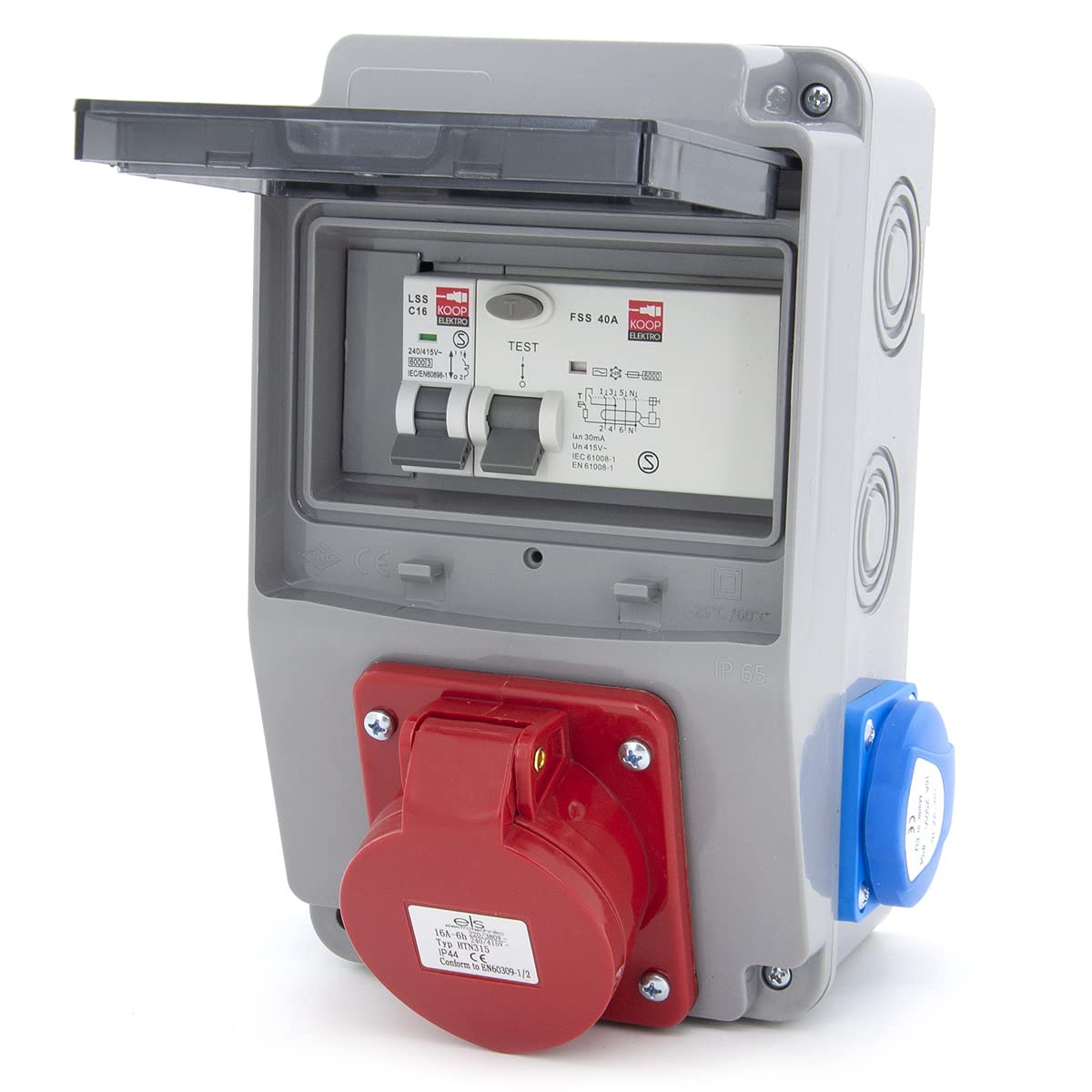 ELS Elektrotechnika Steckdosenverteiler Baustromverteiler Wandverteiler Schuko 2x230V + Sicherungen Leitungsschutzschalter 1x LS C16 + Fehlerstromschutzschalter FI 40/4/0.03A Verdrahtet Anschlußfertig