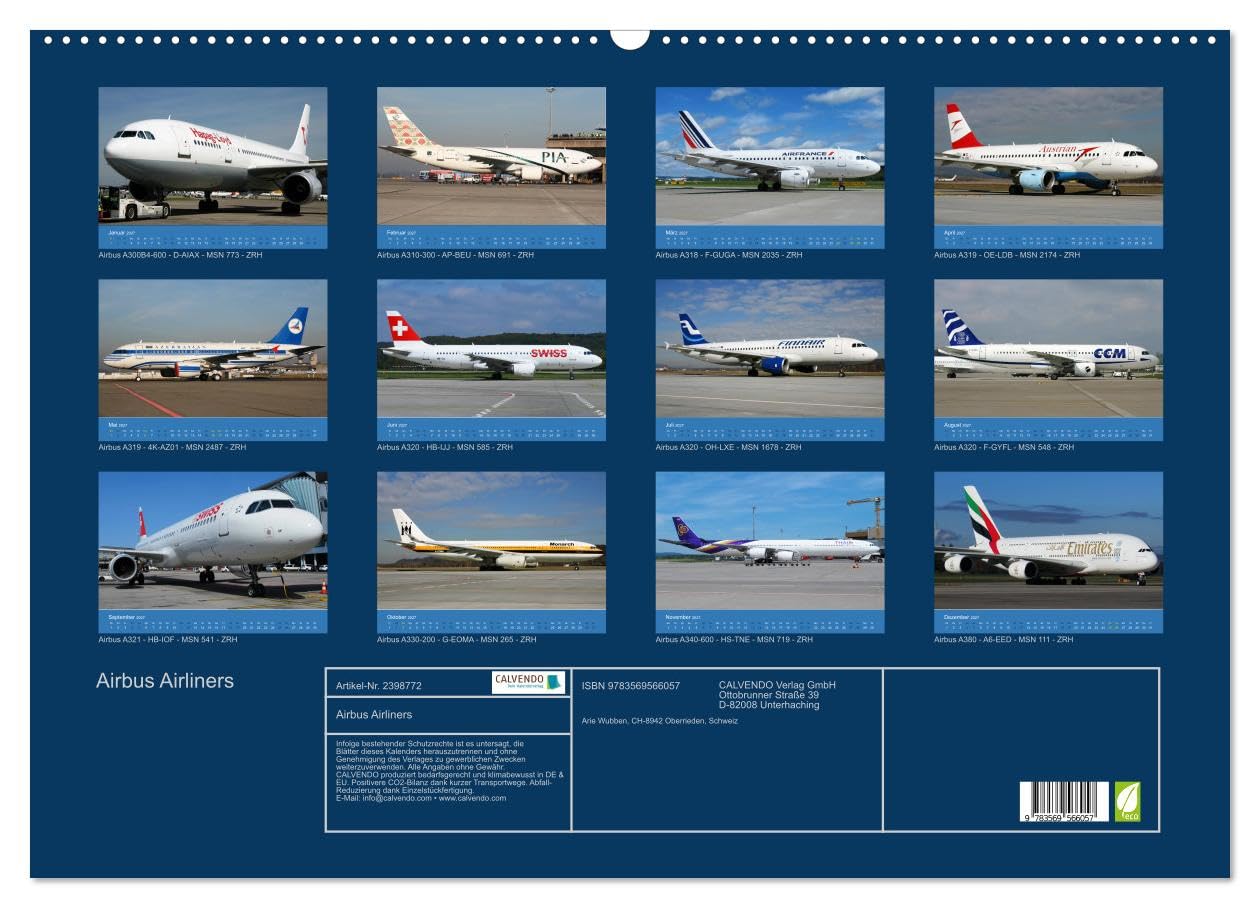 CALVENDO - Airbus Airliners (Wandkalender 2027 DIN A2 quer), Monatskalender: Die Airbus Flugzeug Familie deckt heute das ganze Airline Spektrum ab. Grund genug, hier alle eigene Airbus Modelle Revue p