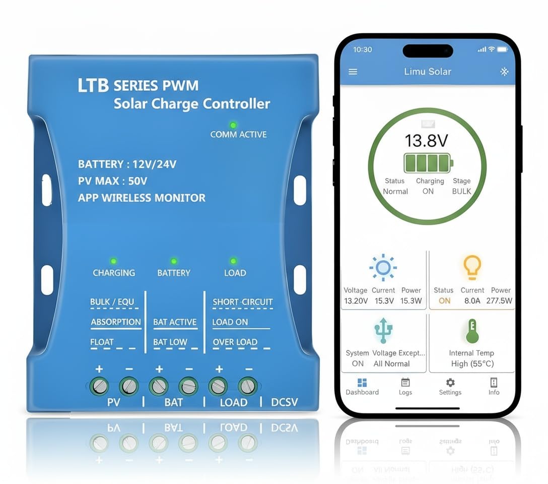 Regolatore solare Bluetooth da 30 A: regolatore solare 30 A PV max 50 V 12 V/24 V regolatore solare PWM per batterie al piombo acido, LiFePO4, al litio