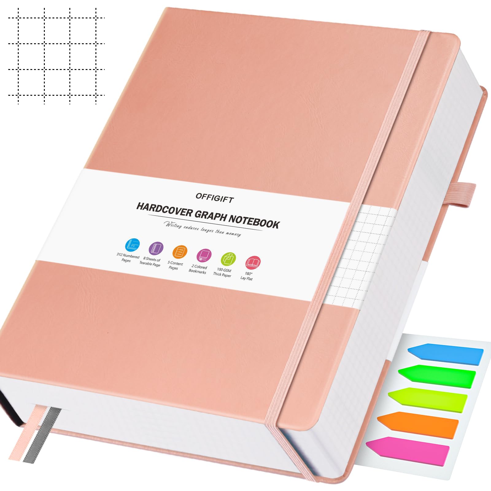 Graph Paper Notebook, 312 Numbered Pages Large A4 Hardcover Leather Journal, 100gsm No Bleed Grid Paper Notebook with Index Pages, Squared Grid Notebook for Graphing Notes Math, 8.5'' × 11'', Pink — image 1