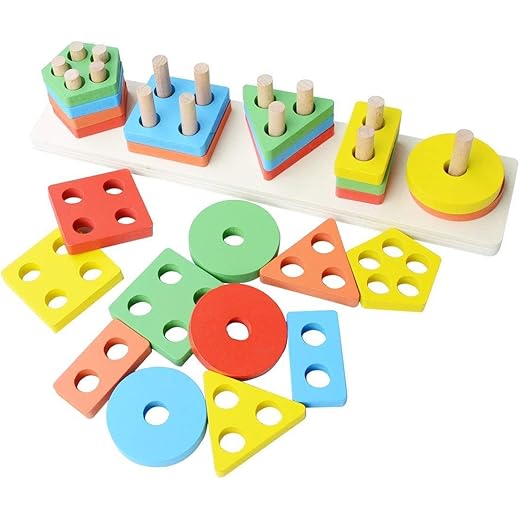 Toyshine Kids Wooden Angle Geometric Blocks Stacker Shape Sorter Column Puzzle Stacking Set - 5 Columns