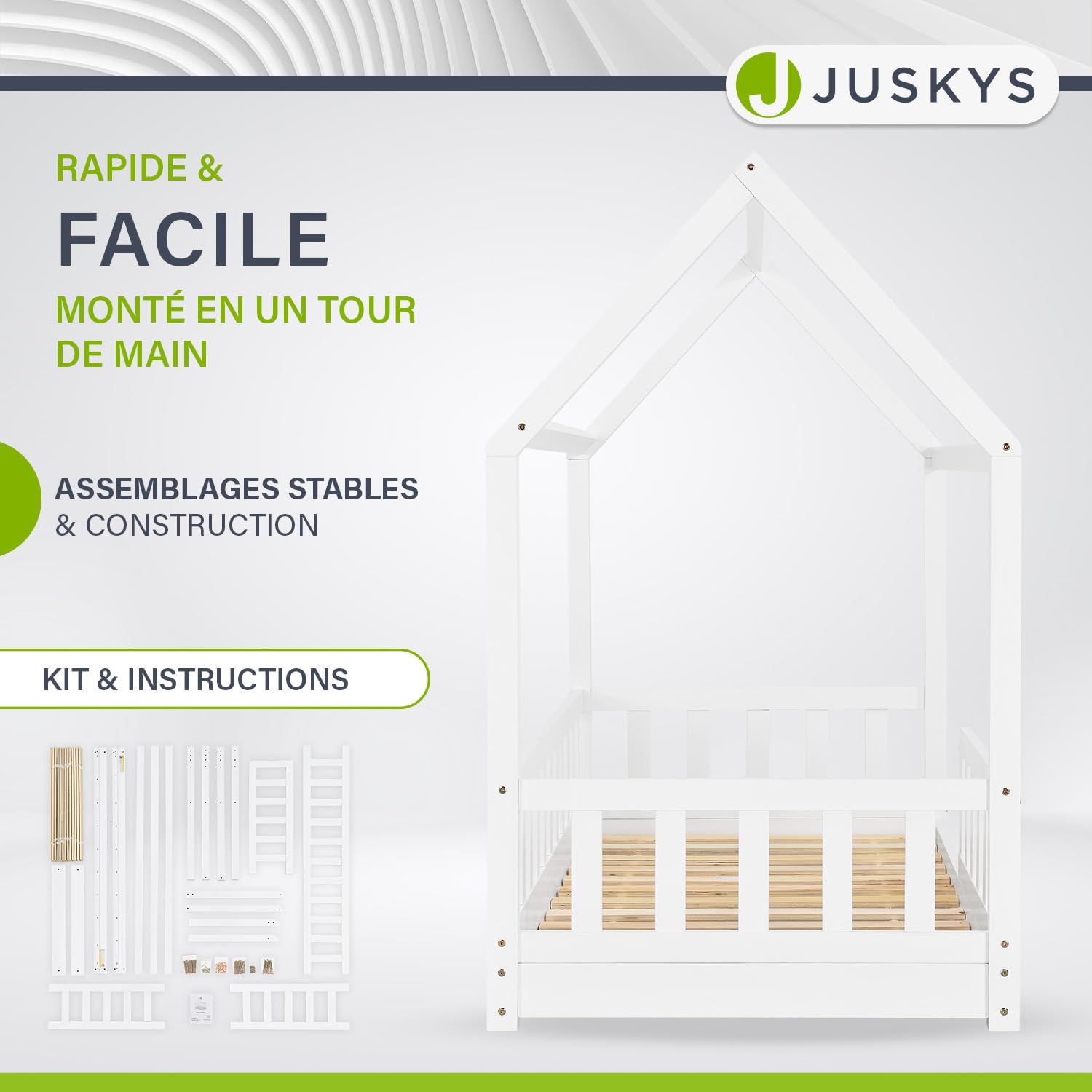 Juskys Lit Cabane Enfant Marli 80x160 cm Bois Massif Blanc avec Protection Antichute