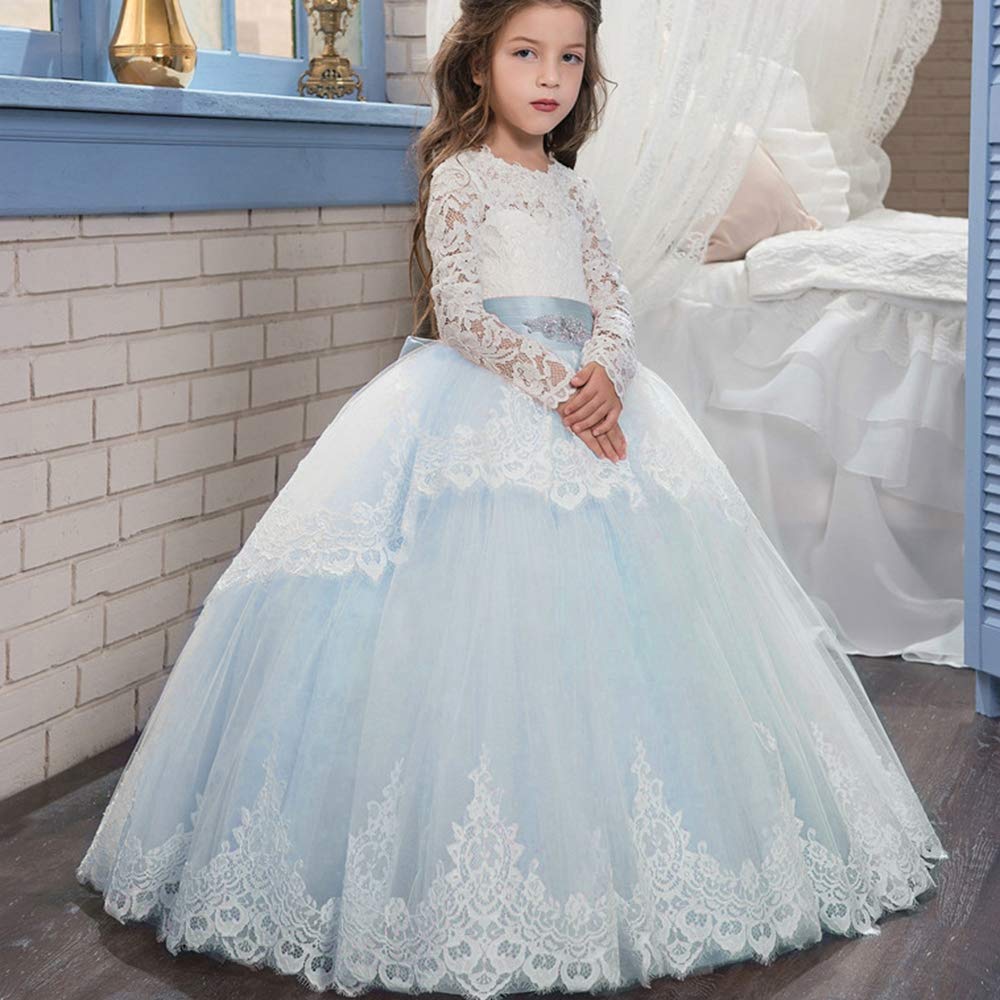 PLWEDDING Spitze Lange Ärmel Blumenmädchen Kleid Prinzessin Tüll Kleid für Kinder Erstkommunion Kleider