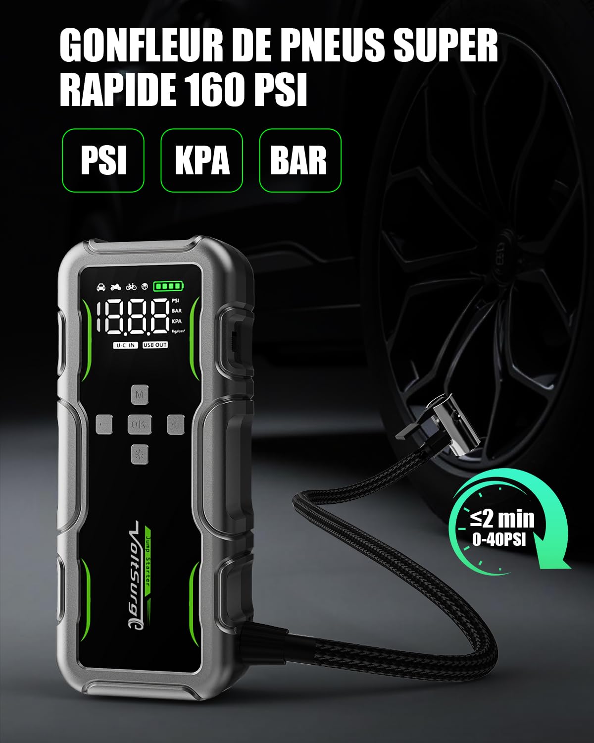 7000A Booster Batterie Voiture avec Compresseur à Air 160PSI, 12V Démarreur Batterie Voiture(Gasolina/Diésel 12.0L) Jump Starter pour Véhicule Con Gonfleur Pneus Voiture, LCD Grande, Lumens LED