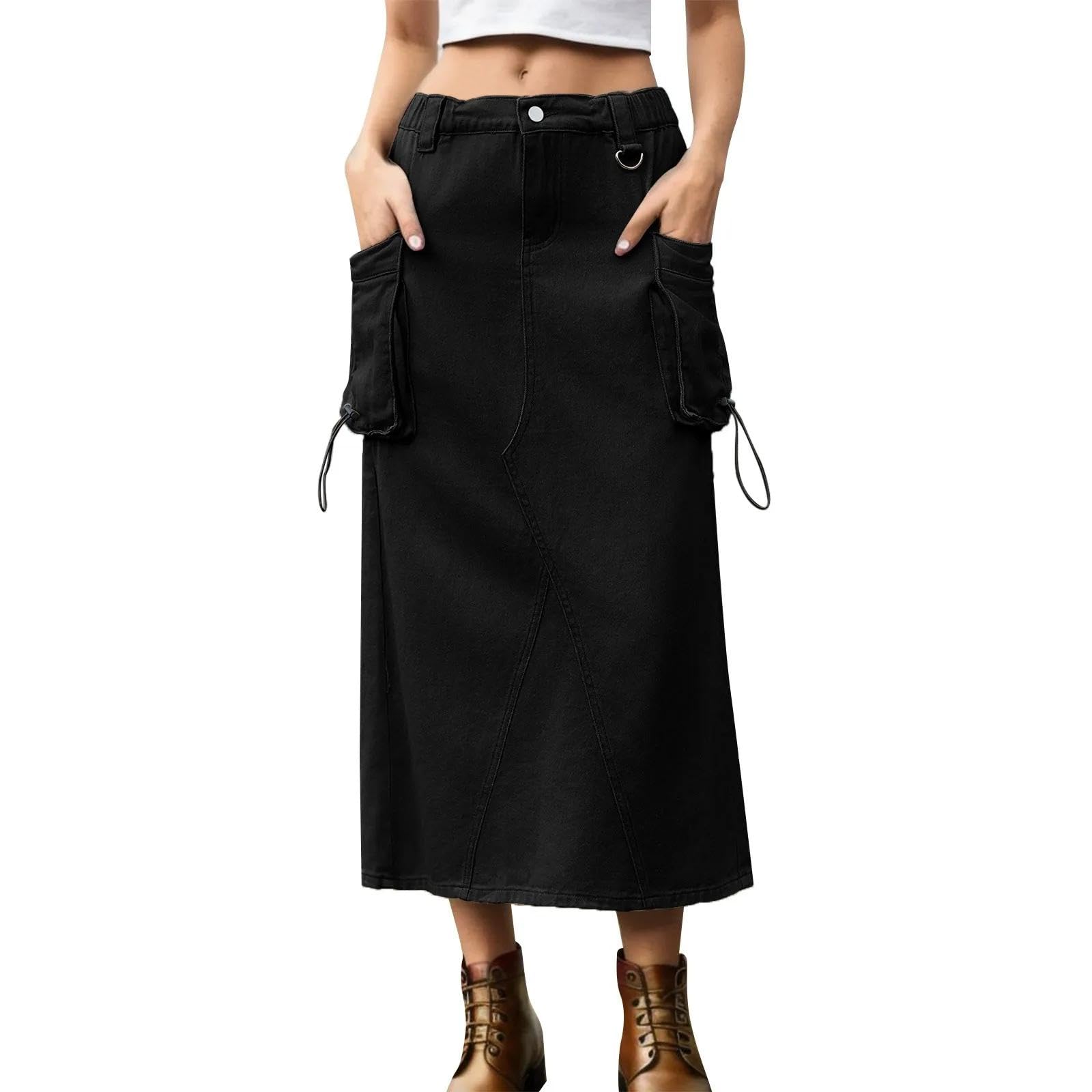 Rock Damen Langer Taille Skirt Linie Falten Cargo-Jeansröcke Damen Bodycon-Rock Mit Kordelzug Langer Rock