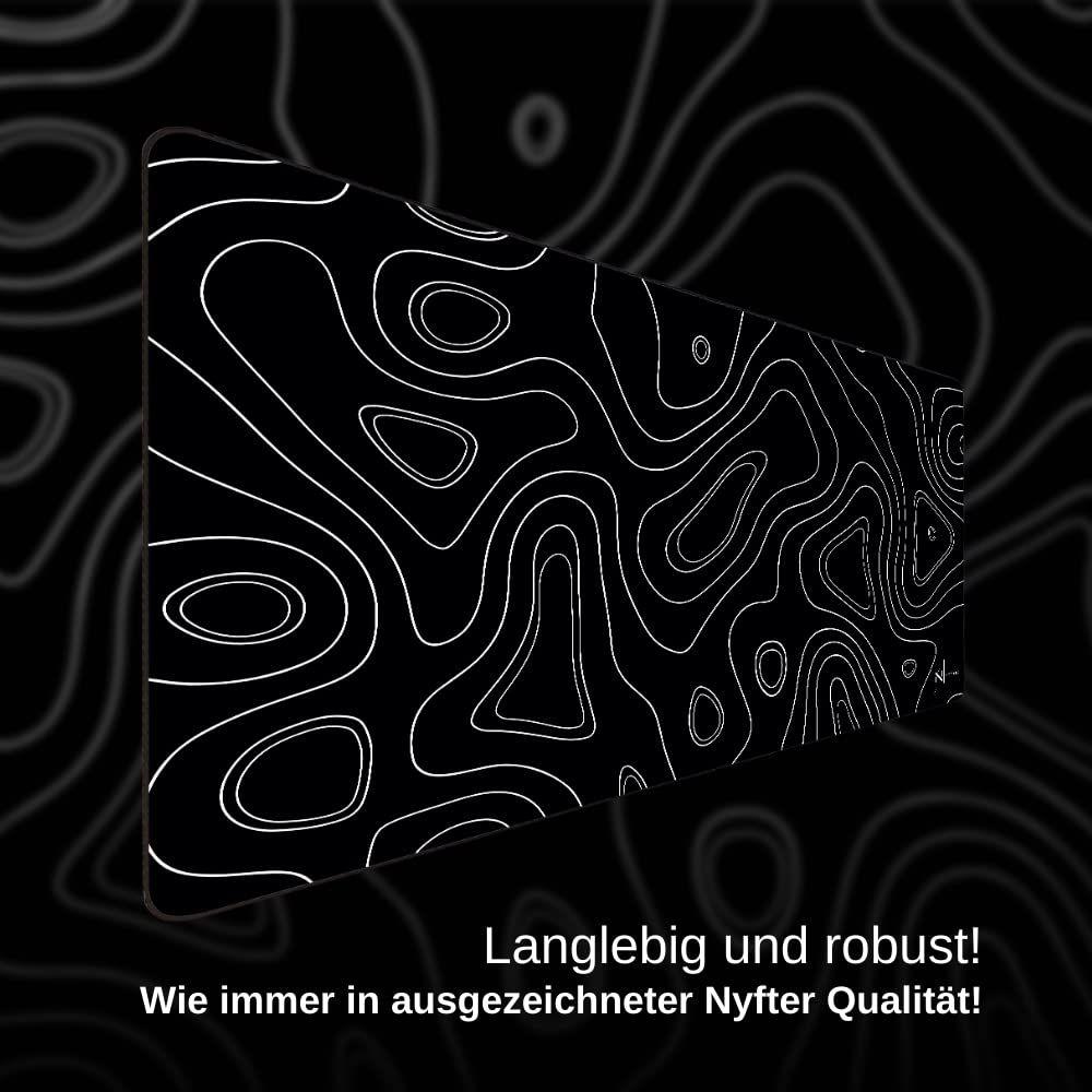 Nyfter - Tappetino per mouse 3XL per gaming, colore nero, con design topografico, 1200 x 600 mm, di alta qualità, grandi bordi cuciti, durevole, con Glide di alta qualità e antiscivolo, per gaming