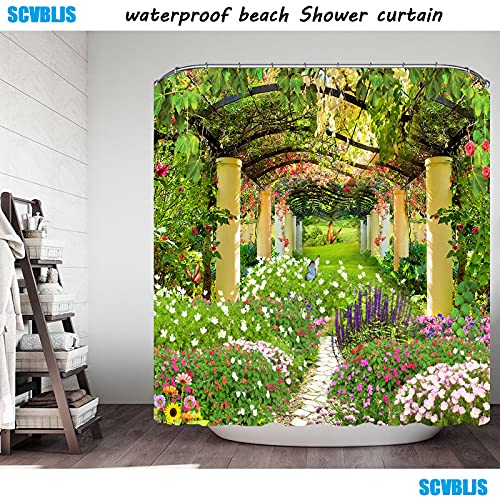 SCVBLJS Flowers and butterflies Shower Curtain Waterproof Bathroom Bathtub Polyester Fabric Bathroom Shower Curtain Garden green scenery floral and Butterfly curtain With Hooks 180X180cm - Image 2
