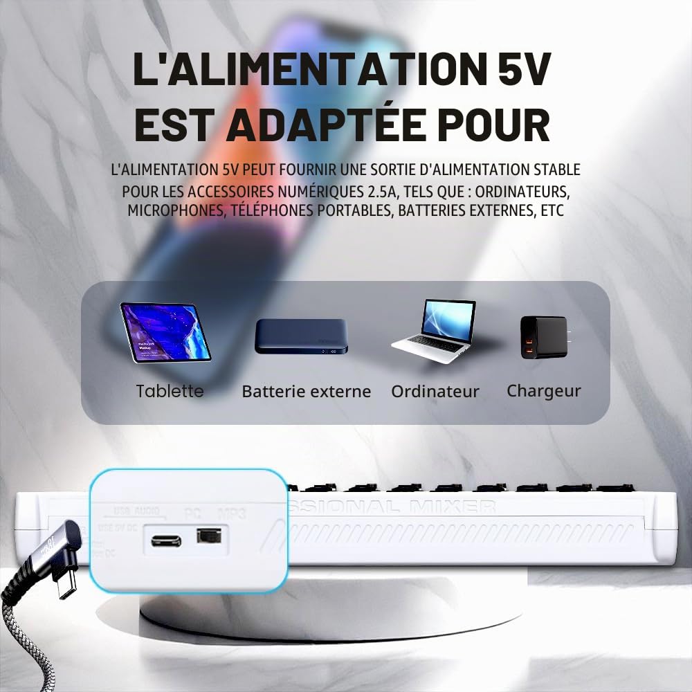 BOMGE Mixeur audio professionnel, 12 canaux, Bluetooth, USB, alimentation 48 V, entrées XLR/RCA, effets DSP