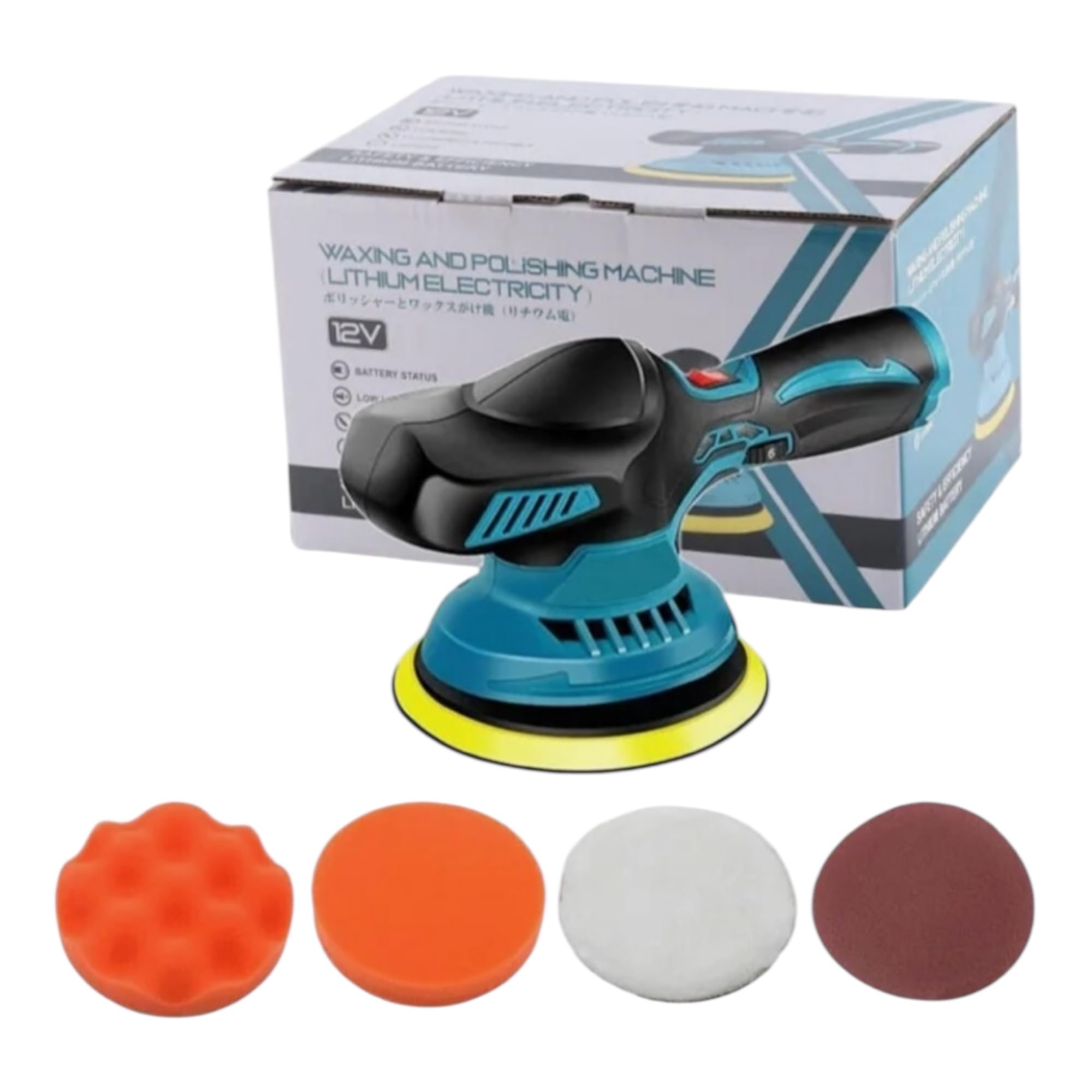 Lucidatrice Rotorbitale a Batteria, 12V, 1200W, 12,5 cm, 6 Velocità, 2 Batterie 1,3Ah