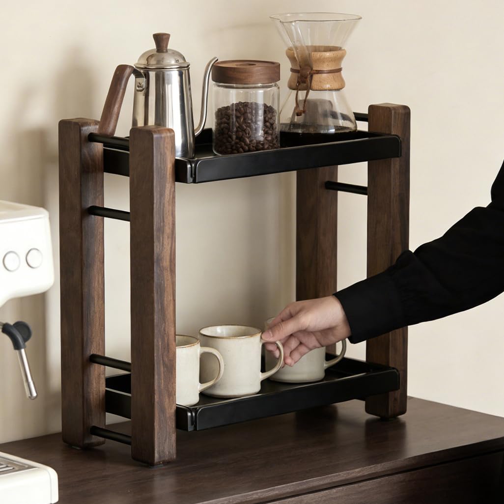 Estante expositor de tazas de café, soporte de madera de 2 niveles para encimera de cocina, oficina en casa, estación de café, bar y organizador de tarros de especias