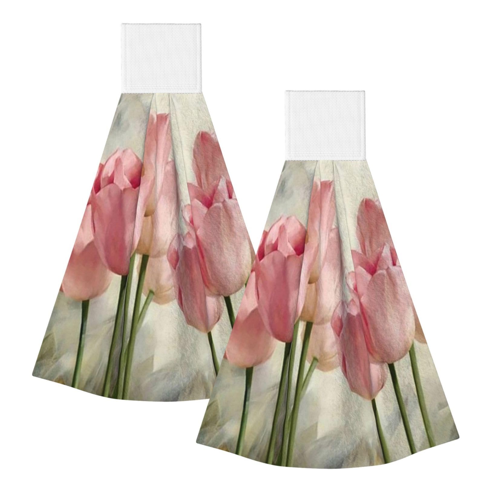 DOPKLNA Pink Tulips Printed, 2 Pcs Hanging Coral Fiber Hand Towels for Bathroom, Absorbent Kitchen Towels