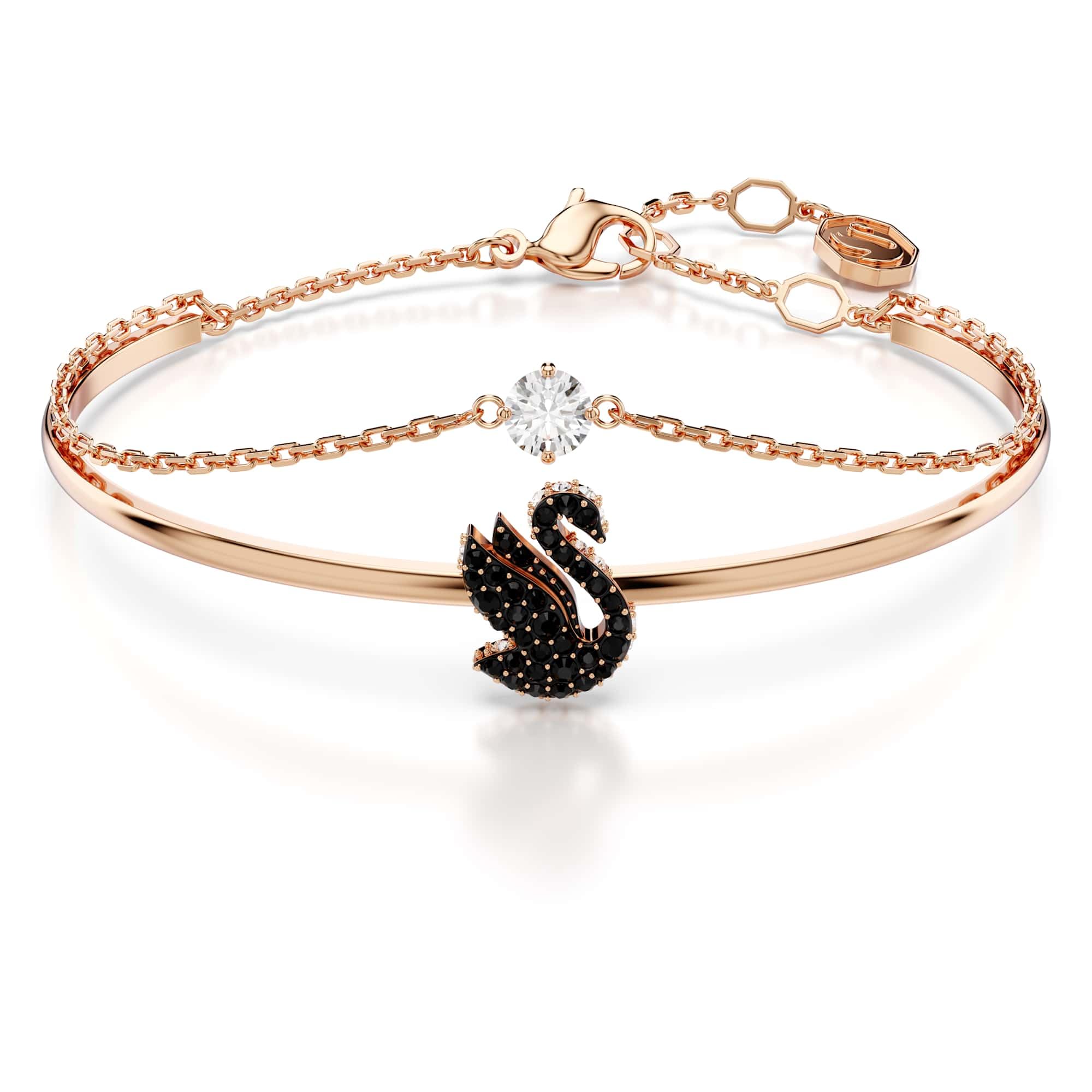 Swarovski Swan bangle, Swan, Black, Rose gold-tone plated