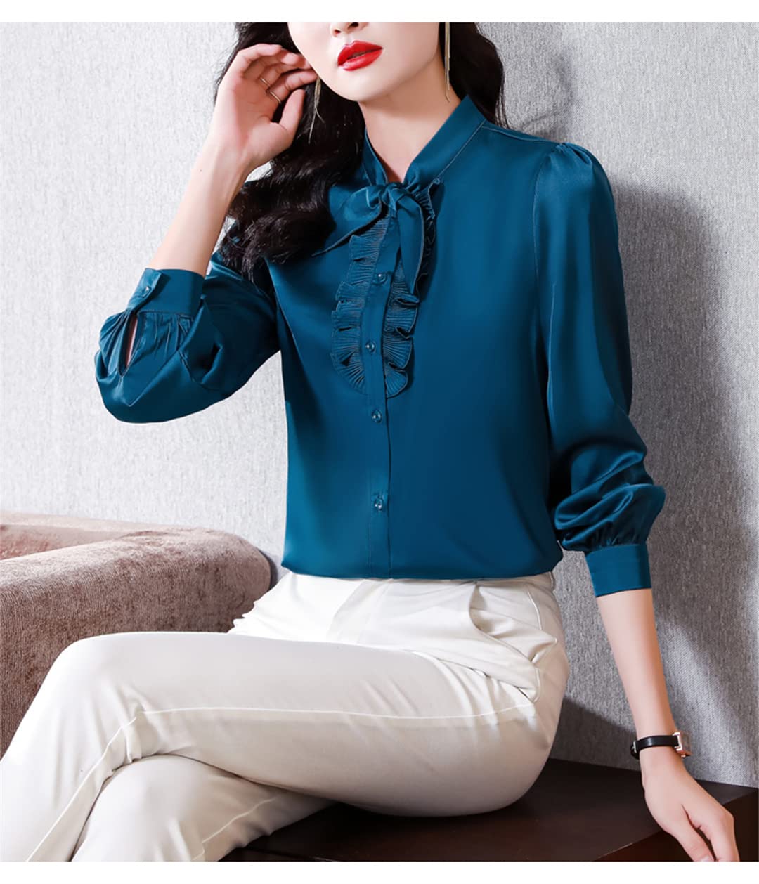 Blusa de satén de Seda con Cuello de Lazo en la Parte Delantera con Volantes para Mujer Camisas de Oficina de Manga Larga de Primavera para Mujer Pic-4 L