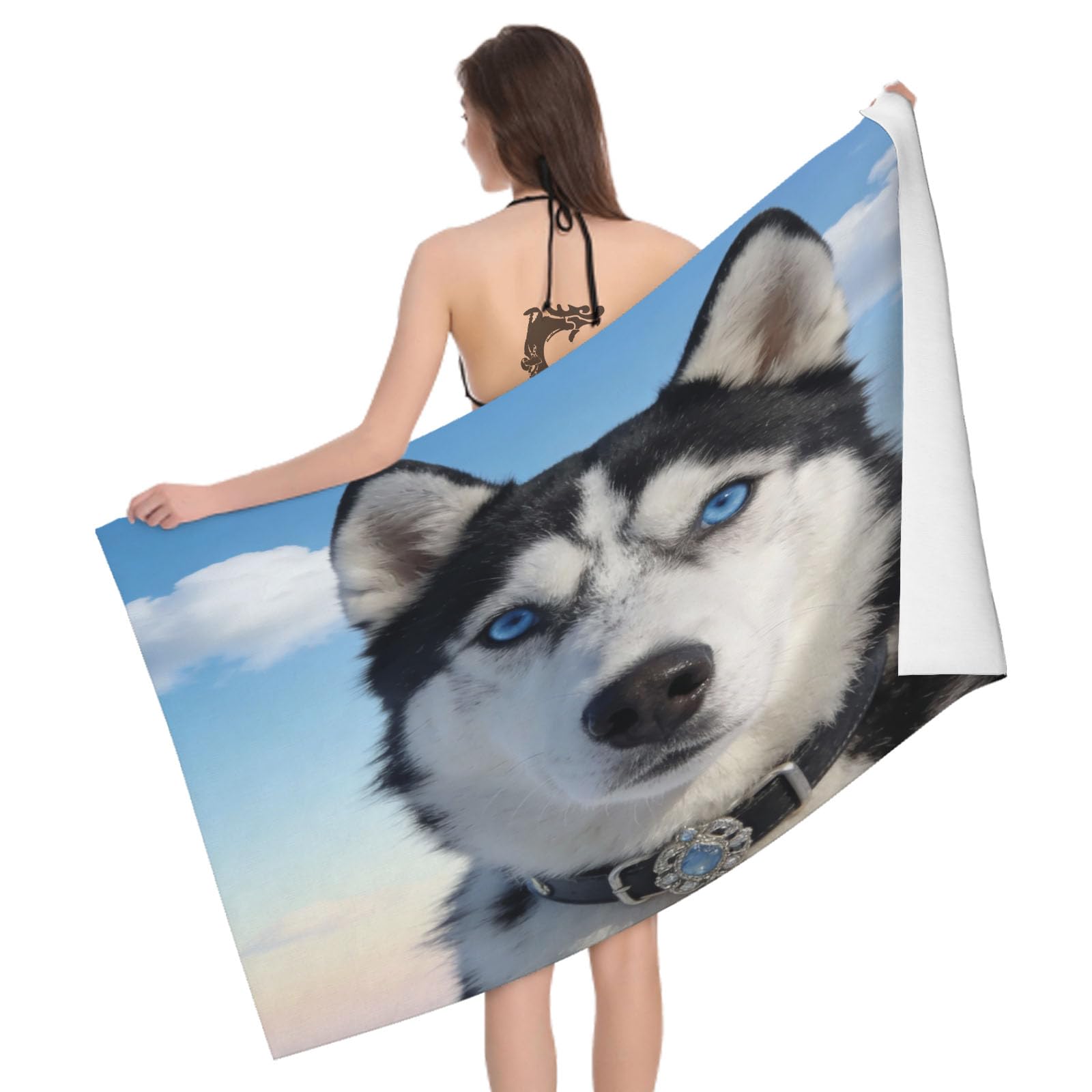 Leichong 3D Husky Beach Towel Large Microfiber Soft Quick Dry for Adults, Pet Themed Bath Towel Lightweight Soft Absorbent for Travel Swimming Pool Sports, 180 x 90 cm
