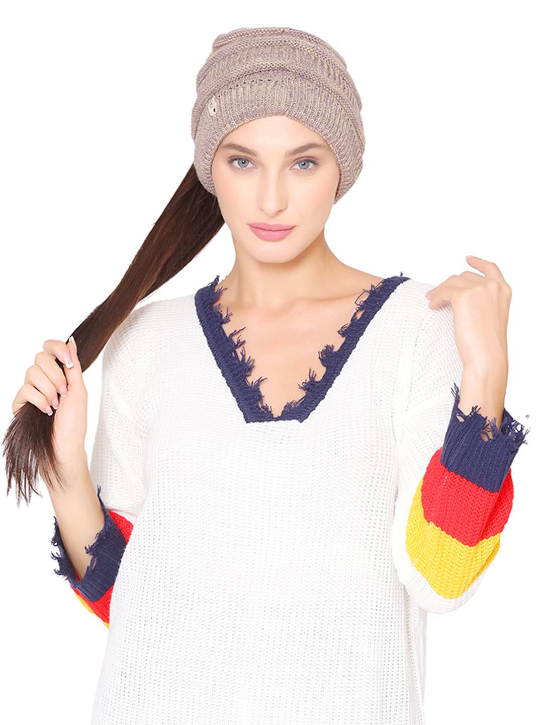 bharatasya Chunky Soft Knit Ponytail Winter Woolen Cap for Women with Hair Hole Purple-picture-34