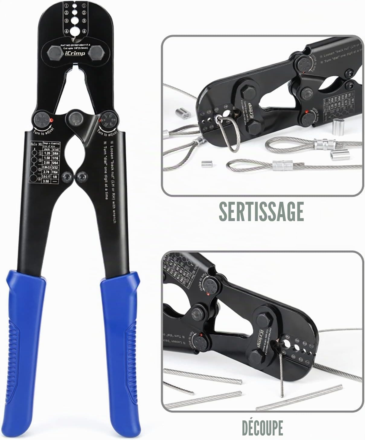 iCrimp Kit d'outils à sertir pour câble métallique avec cutter, 330 manchons et 45 dés à coudre | Swager robuste pour la pêche, les balustrades, les terrasses et les projets de câbles métalliques en plein air