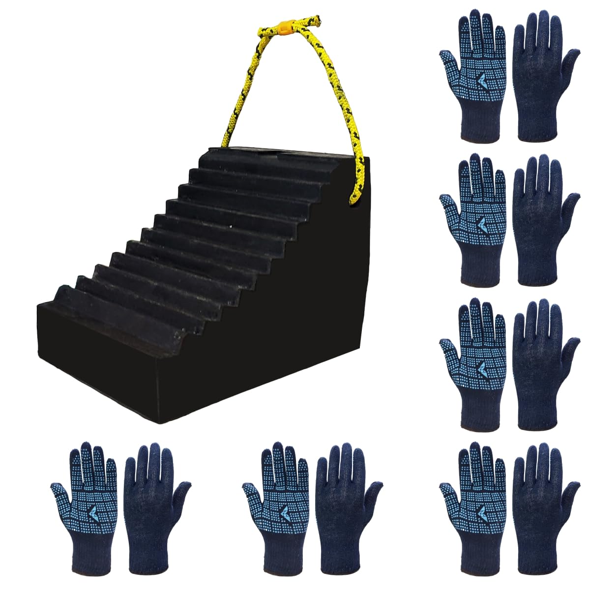 Being Safe - Solid Rubber Wheel Chock (Black) - 6 Kgs Heavy Duty Pack of 01 with Polka Dotted Safety Hand Gloves (Blue) Washable and Reusable & Heat Resistant Hand Gloves - 6 Pairs-image-46