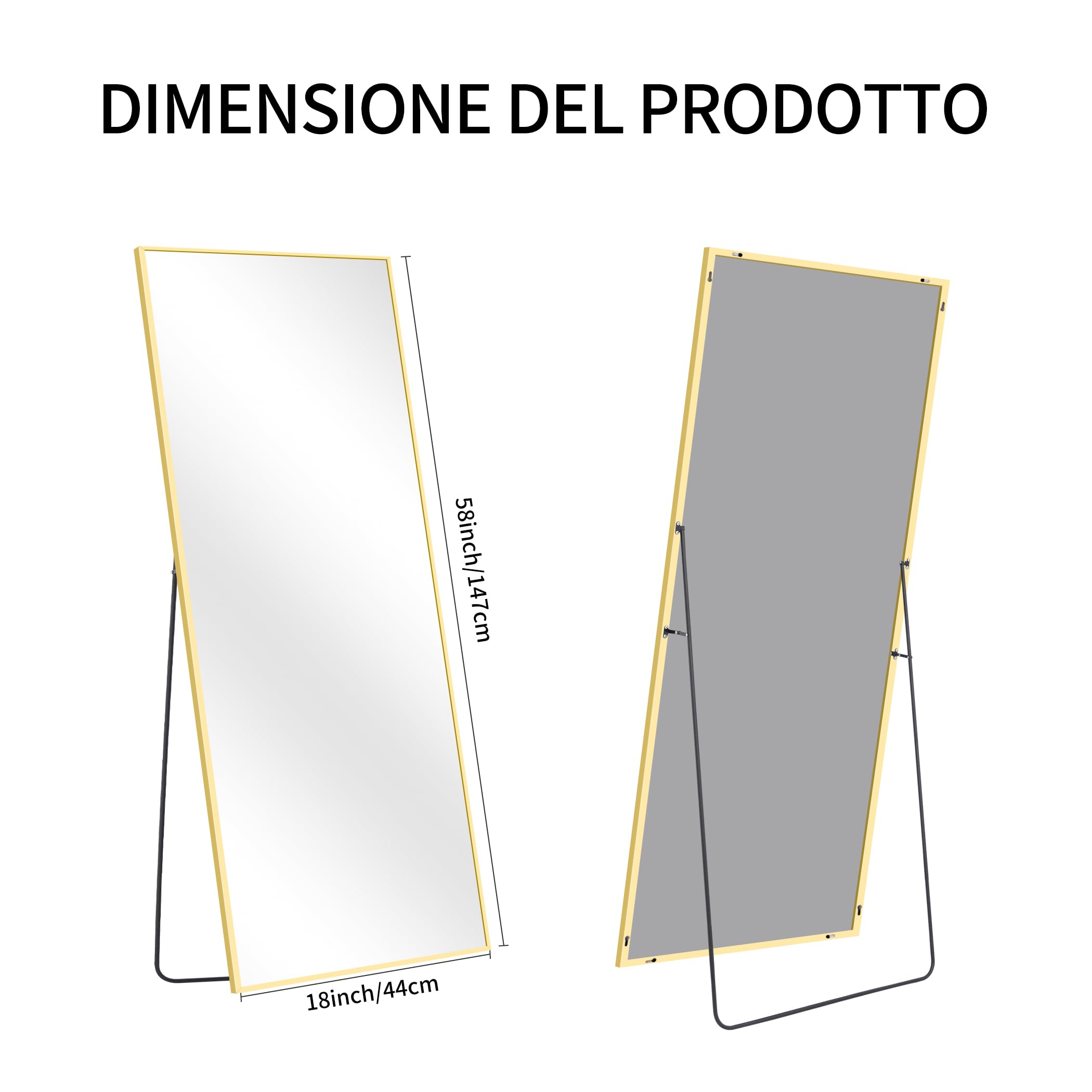 KOCUUY Specchio rettangolare per tutto il corpo, 147 x 44 cm, grande specchio da parete con cornice in alluminio dorato, da appendere, in piedi, inclinabile, per soggiorno, camera da letto e corridoi