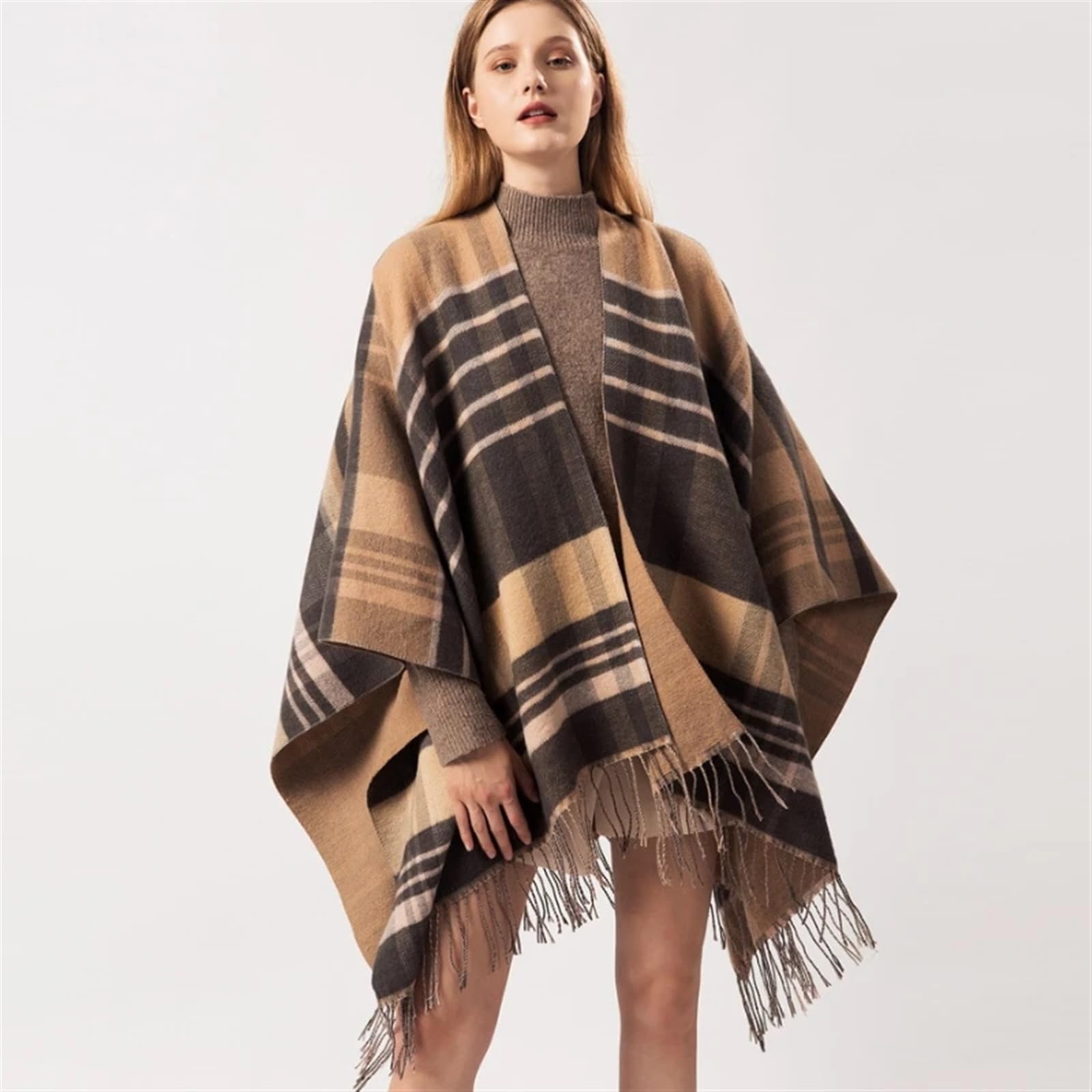 Poncho Lavorato A Maglia Da Donna Mantello invernale a quadri lavorato a maglia cardigan donna autunno mantello femminile femme poncho