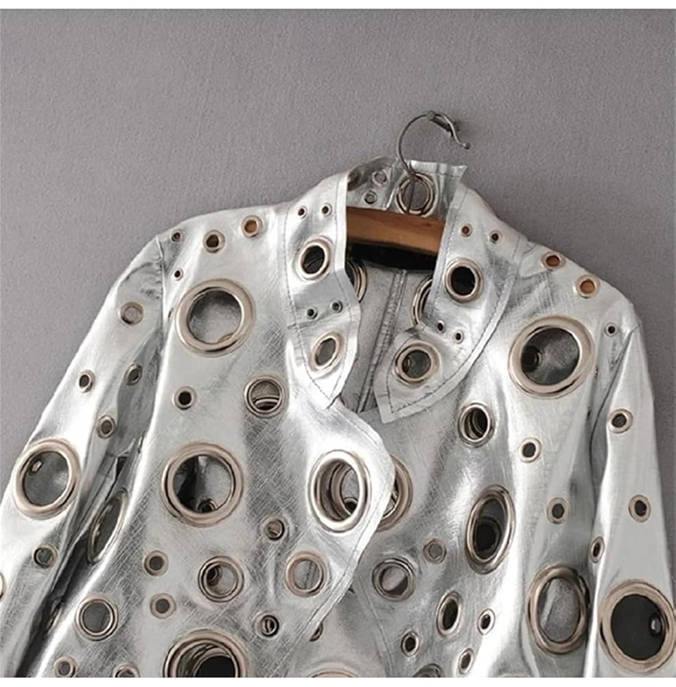 ジャケット GOLDEN Women Jackets GWP02265P00193982600 Silver Women Spring Short Golden Rivet Stand Collar Hollow Faux