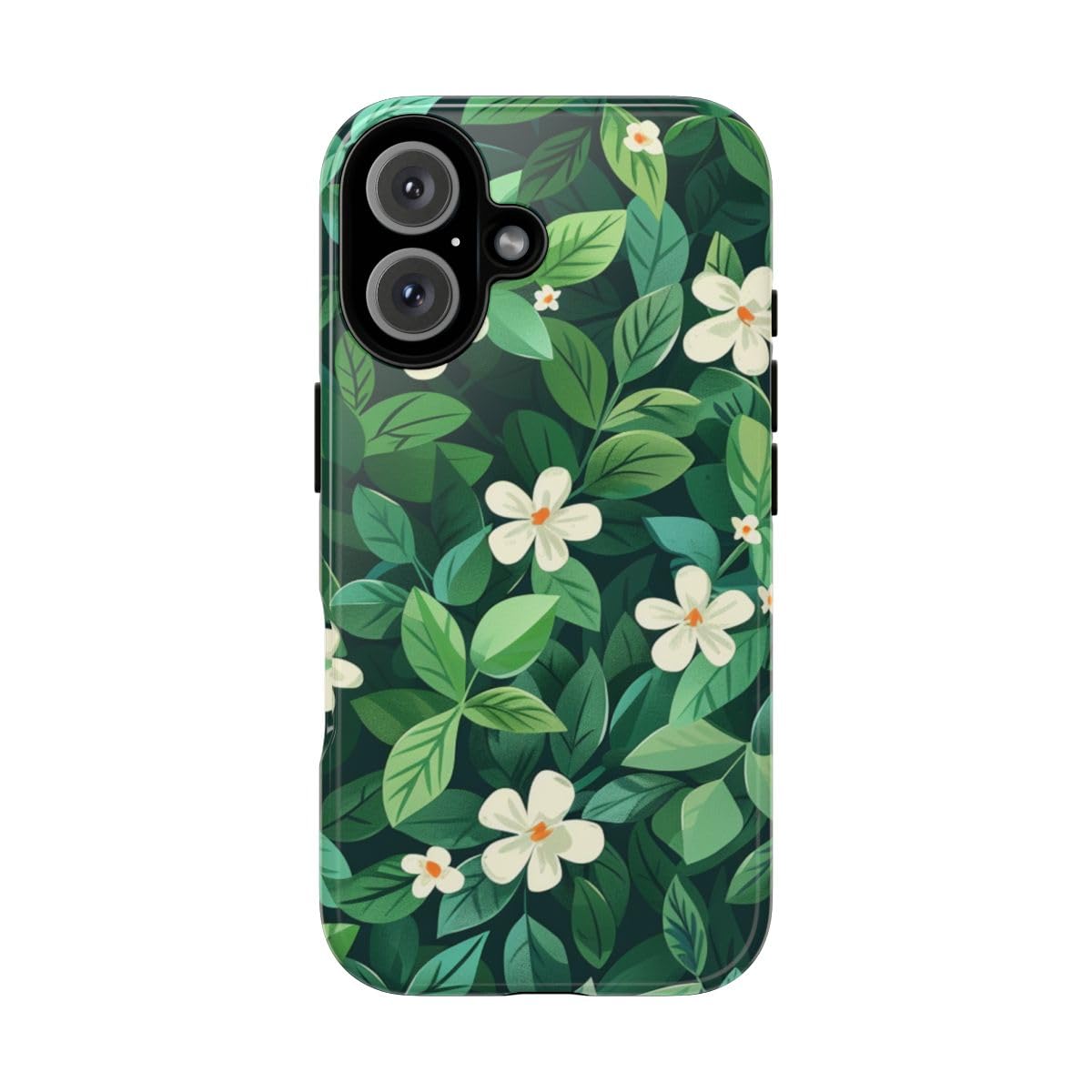 Coque iPhone 16 rigide brillante motif feuilles vertes fleurs blanches - 5