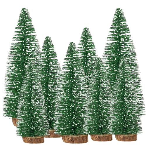 Trimming Shop 8pc Miniature Christmas Trees Set Frosted Plastic Bottle Brush Trees with Wooden Bases Small Artificial Mini Pine Trees for Xmas Villages Winter Table Displays & Festive Home Décor