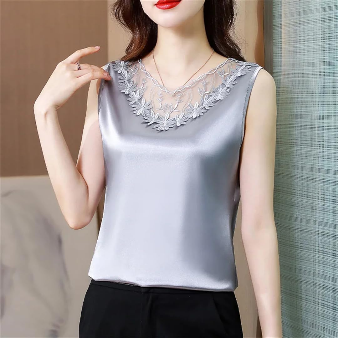 Donne Fiore Ricamo Senza Maniche Seta Camicette Estate Solido Pizzo Top