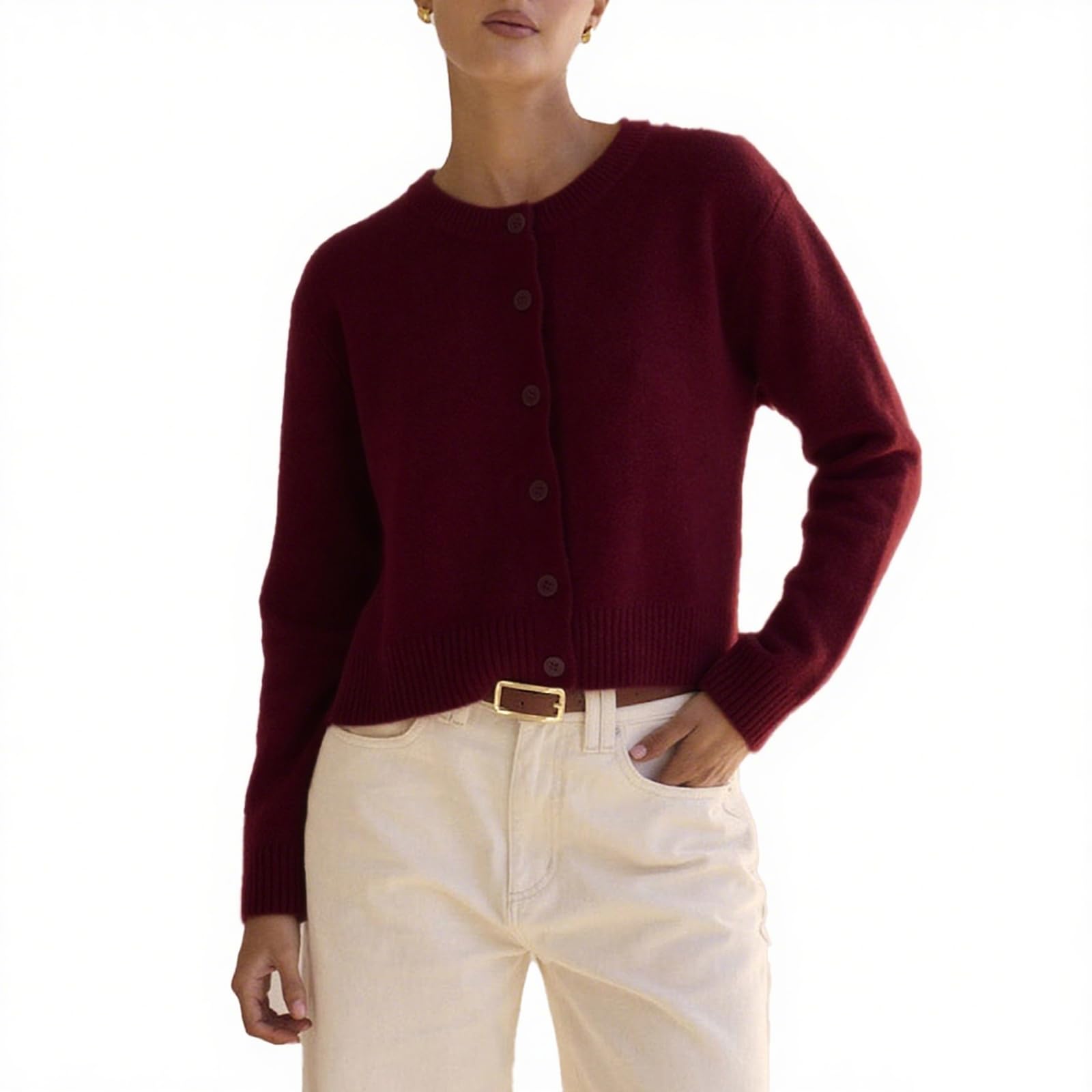 Womens Casual Button Down Knitted Tops Solid Long Sleeve Sweater Cardigans Crew Neck Side Split Fall Tees