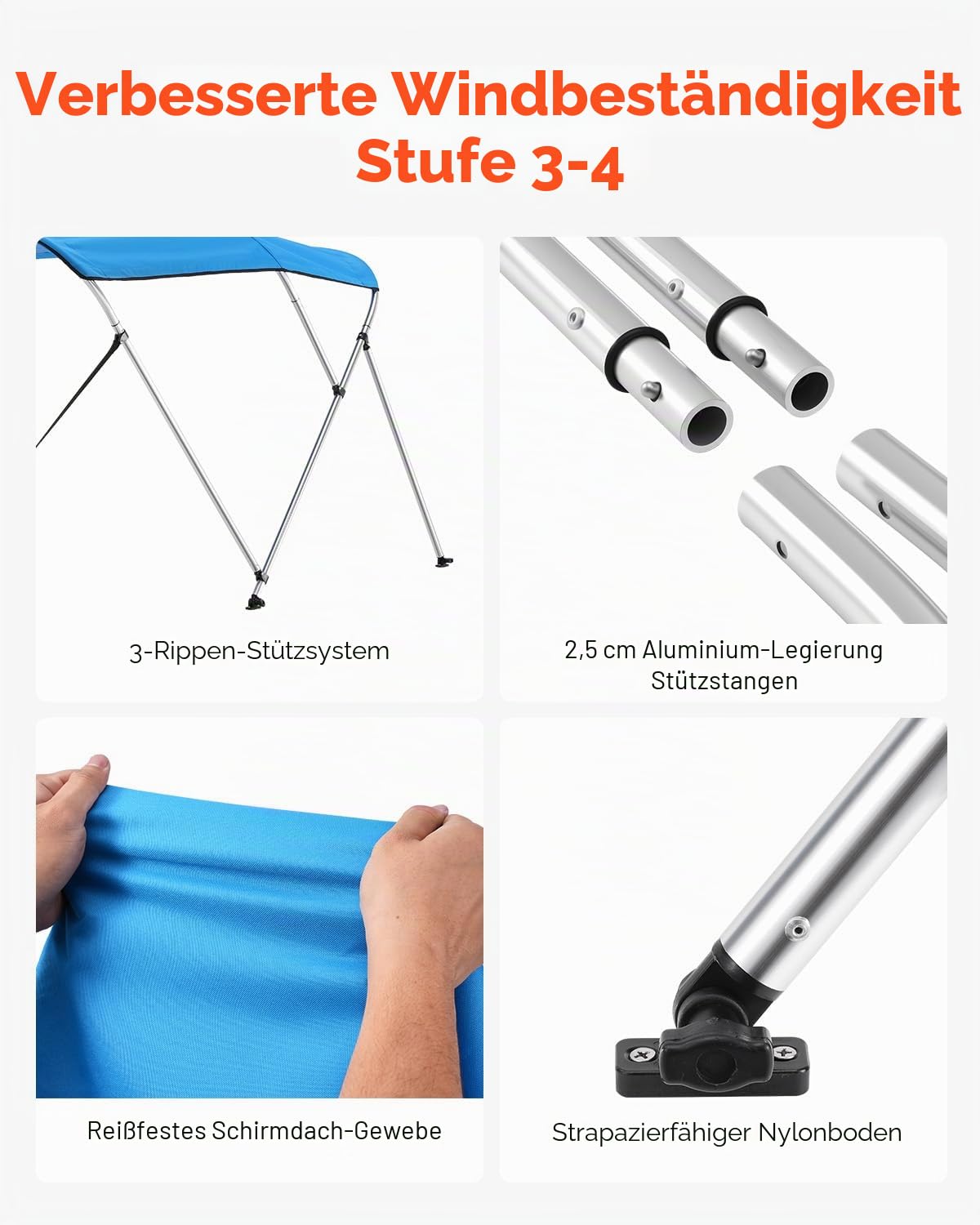 VEVOR Bimini Top Bootsabdeckung Sonnenverdeck (3 Bögen) aus 600D Polyester mit Rahmen aus Aluminiumlegierung, wasserdichte Sonnenschutz-Bootsmarkise mit Aufbewahrungstasche, 137-152 cm (B) Blau