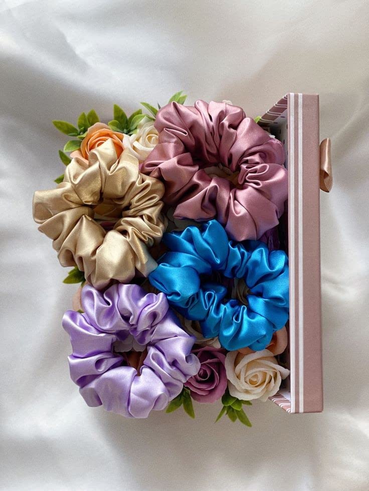 Image of Atrube's Set Of 4 Luxury Satin Silk Hair Scrunchies For Women Ansd Girls Long And Curly Less Hairfall | Hair Ties For Gift For Mother Daughter Girls