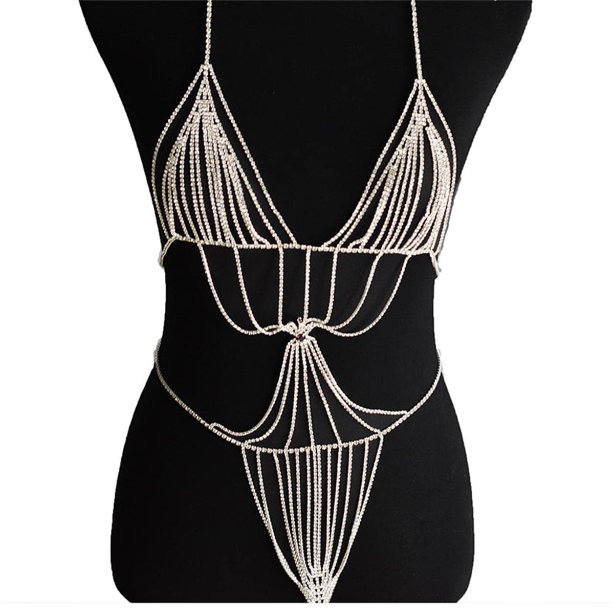 Woman Sexy Body Chain Chest Chain Rhinestone Fringed Panties Bra Chain Crystal Bikini Lingerie (Golden)