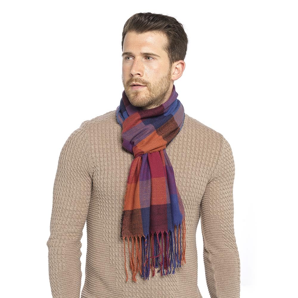 A2z Men's Blue Check Checked Scarf Tartan Pattern Soft Winter Wrap With Fringe Warm Stylish Blanket Scarf For Cold Wather Casual Formal Wear Large Size 185Cm X 36Cm Plus 11Cm X 2 Sides Tassels