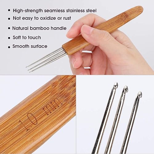 Miniatura 2 de Juego de 9 ganchos de ganchillo para rastas, gancho de ganchillo de acero, mango de bambú para herramienta de tejido de cabello trenzado, artesanía