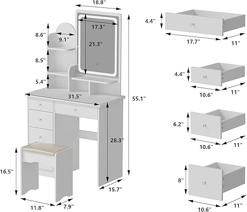 Miniatura 8 de Juego de mesa de tocador con espejo iluminado, mesa de maquillaje con 3 estantes y 5 cajones, mesas de tocador de vestir, escritorio tocador para