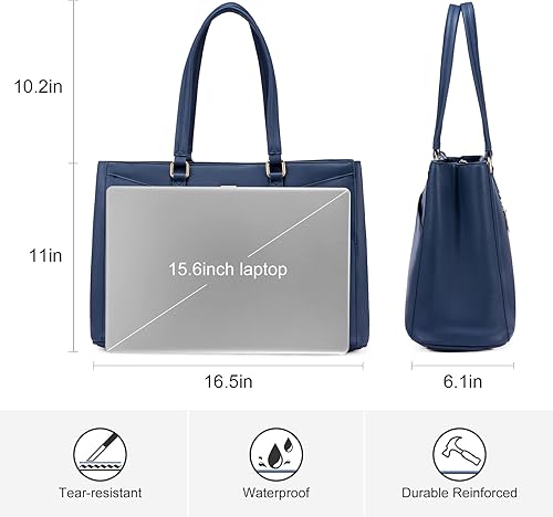 Miniatura 5 de LOVEVOOK Bolsa de mano para laptop para mujer, de 15.6 pulgadas, de piel, impermeable, para computadora, negocios, oficina, trabajo, maletín, azul