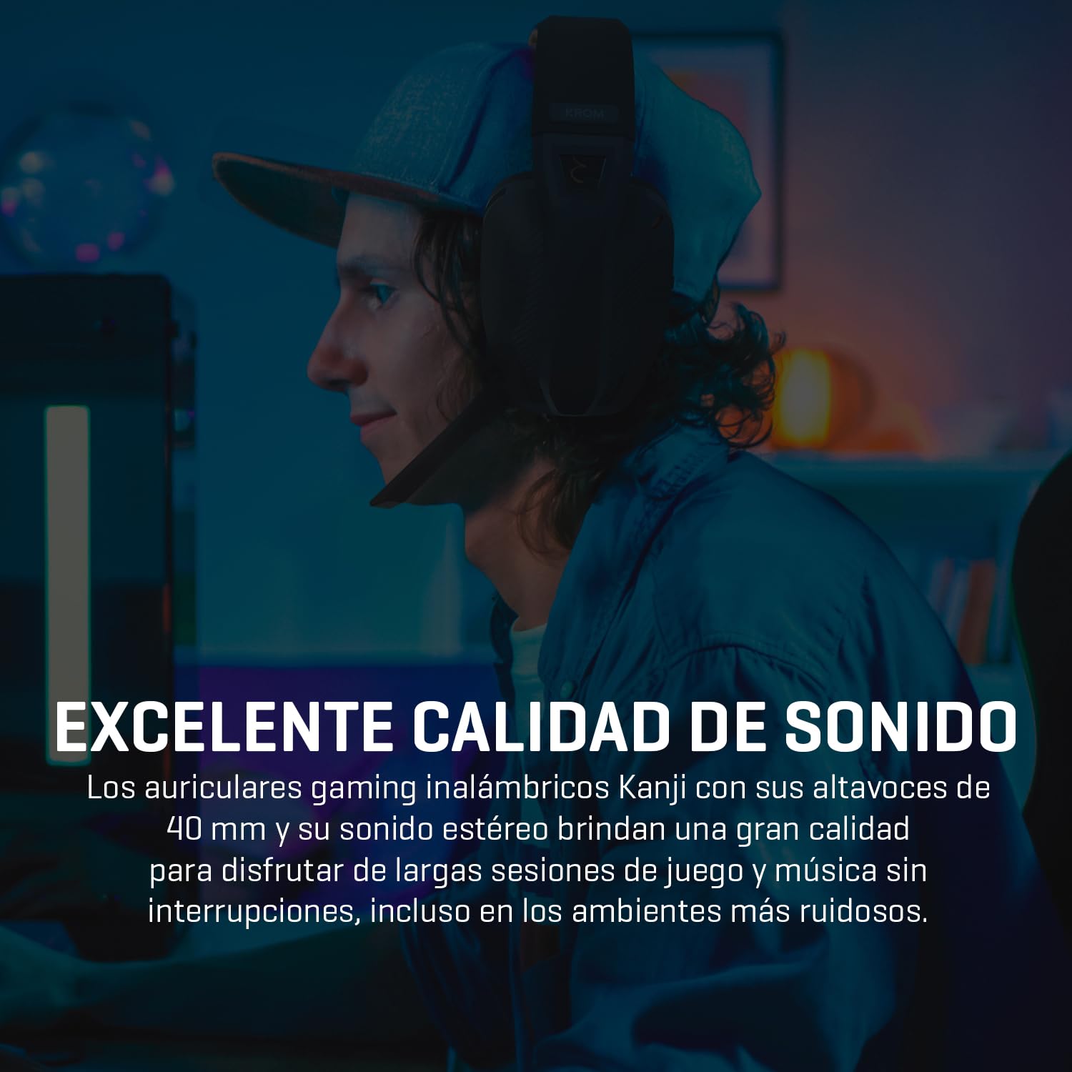 KROM KANJI – Auriculares Gaming Inalámbricos con Conexión Bluetooth 5.3, 2.4 GHz y USB, Drivers 40 mm, Micrófono Omnidireccional, Control Volumen, Mute en Auricular, Diadema Ajustable y Ligera – Negro