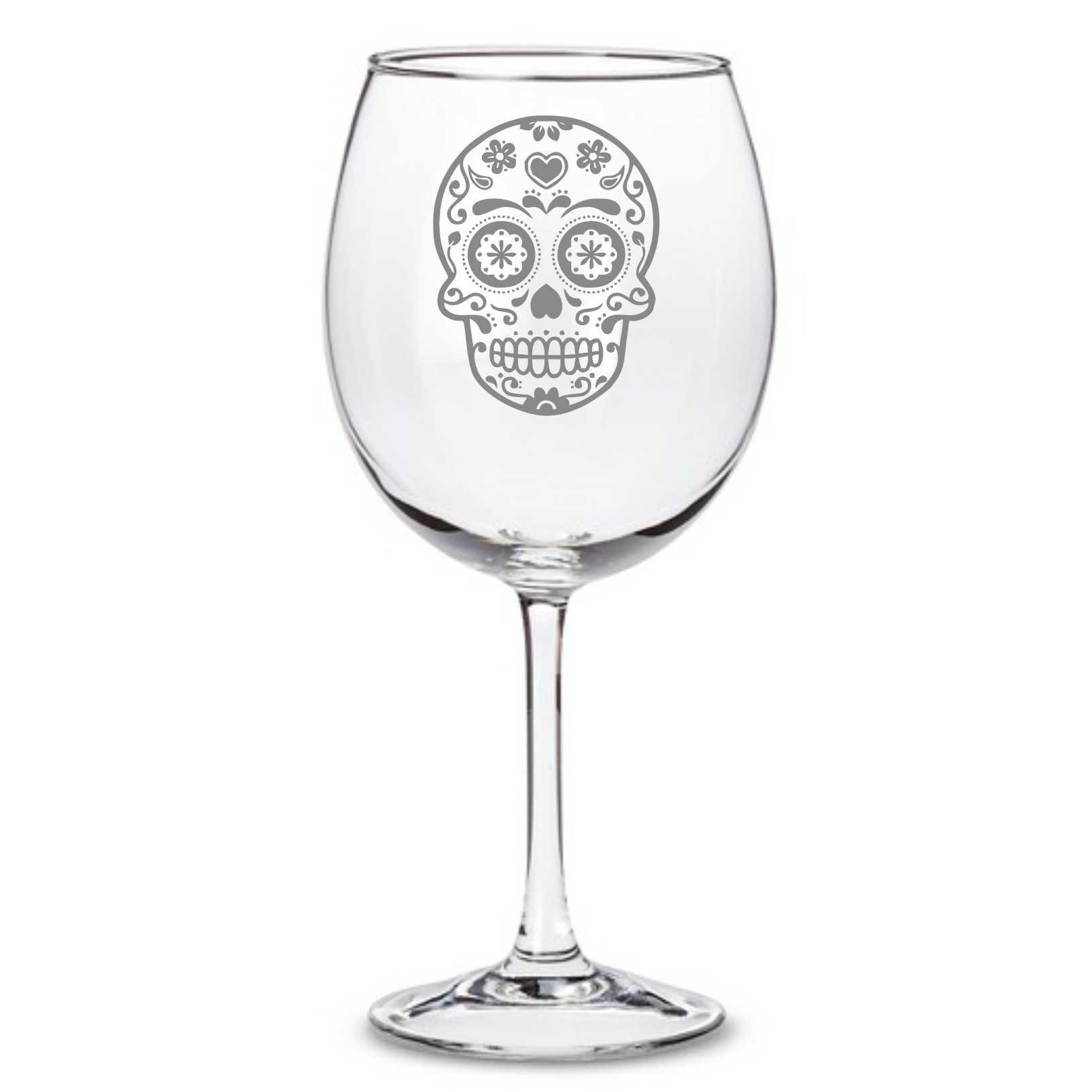 Derwent Laser Crafts Colorful Mexican Sugar Skull Day Of The Dead Calavera Inspired - Laser Engraved Wine Glass
