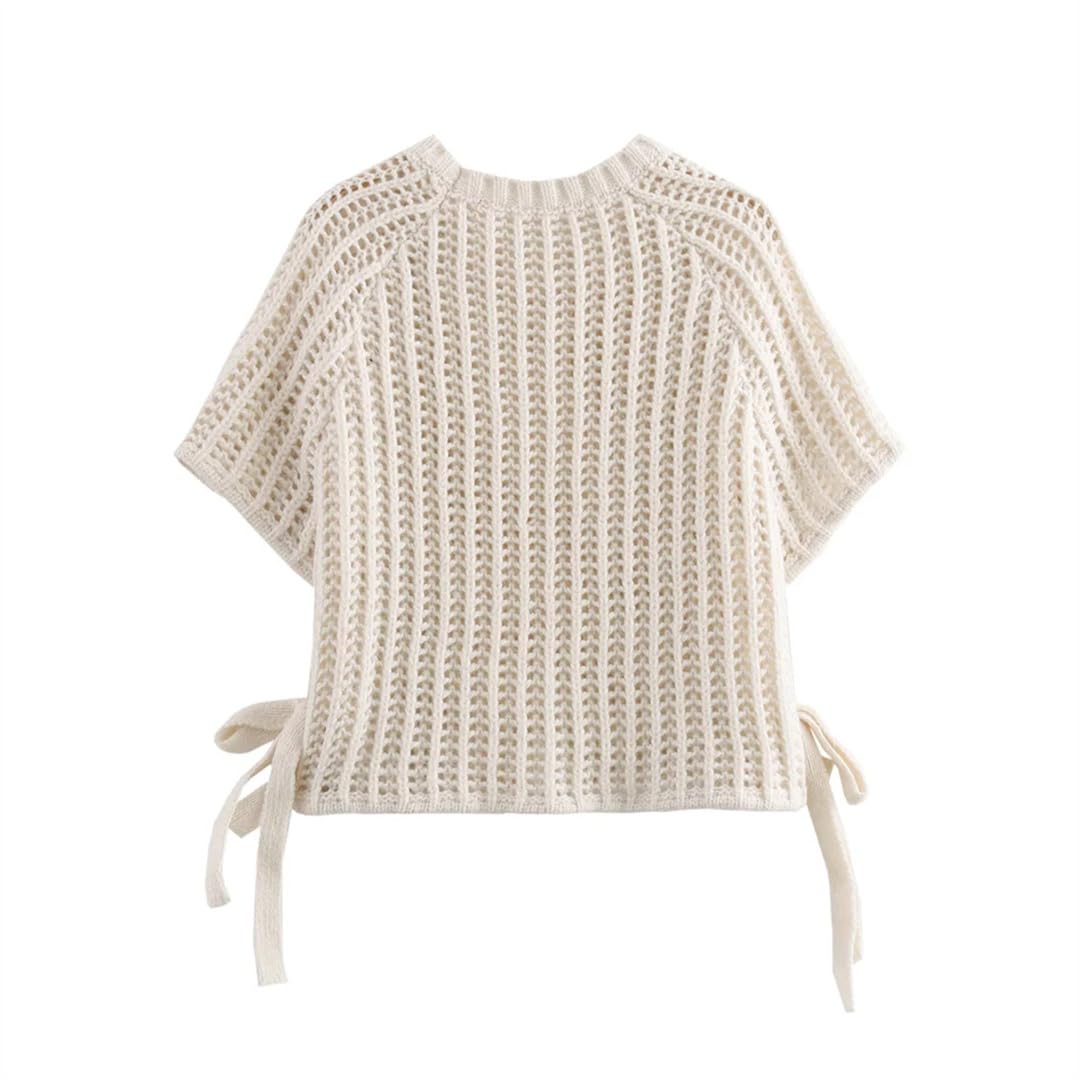 Maglione da donna casual con lacci a girocollo a maniche corte Top Loose Fit Knit Pullover
