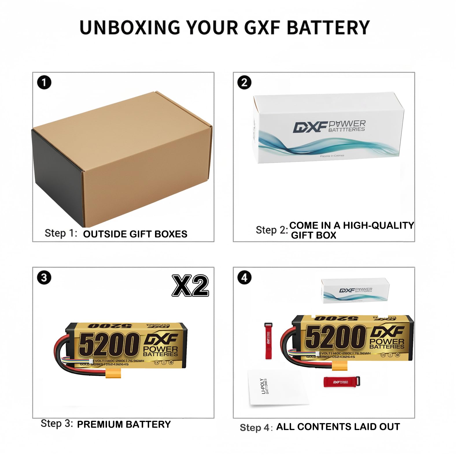 DXF 2 confezioni – 5200 mAh, 140 C, spina XT90, batteria lipo 4s ideale per 1/8 & 1/10 auto di losi, hpi, associated & altro ancora – 4s lipo potente e affidabile