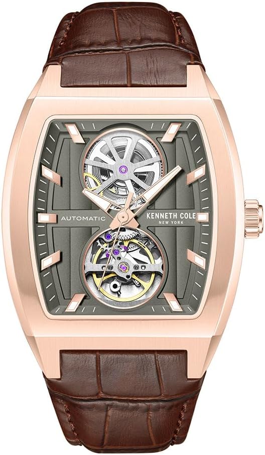 Kenneth Cole New York メンズ 自動巻き 腕時計 - スケルトンダイヤル、カーブケース、コンテンポラリースタイル, ウォームグレー - ブラウンレザーストラップ, モダン