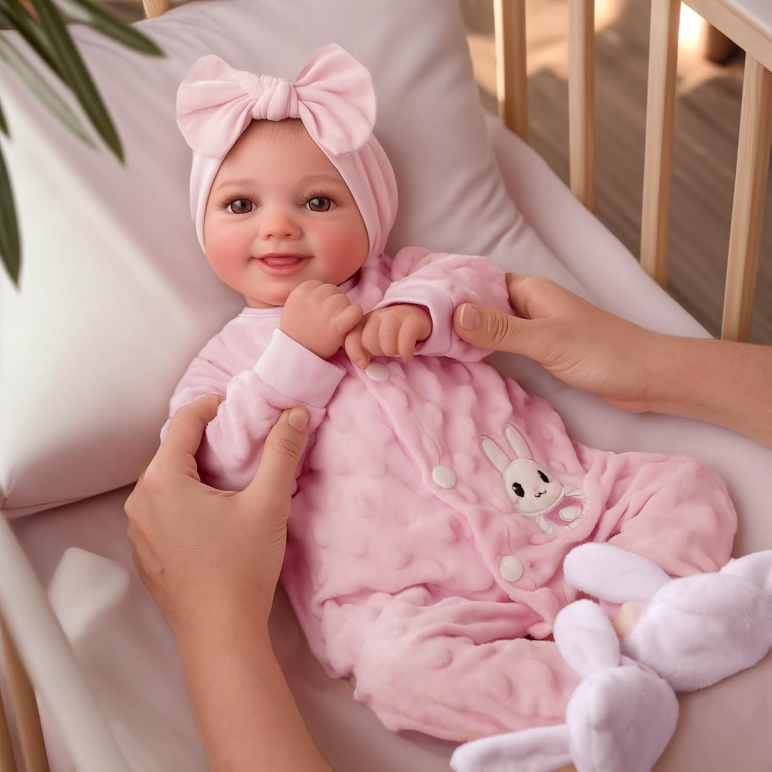 Reborn Puppe Mädchen 17 Zoll 43 cm Lebensechte BabypuppeOffene Augen mit Weichem Stoffkörper Rosa Kleidung Vinyl-Gliedmaßen Handbemalte Details, ab 3 Jahre
