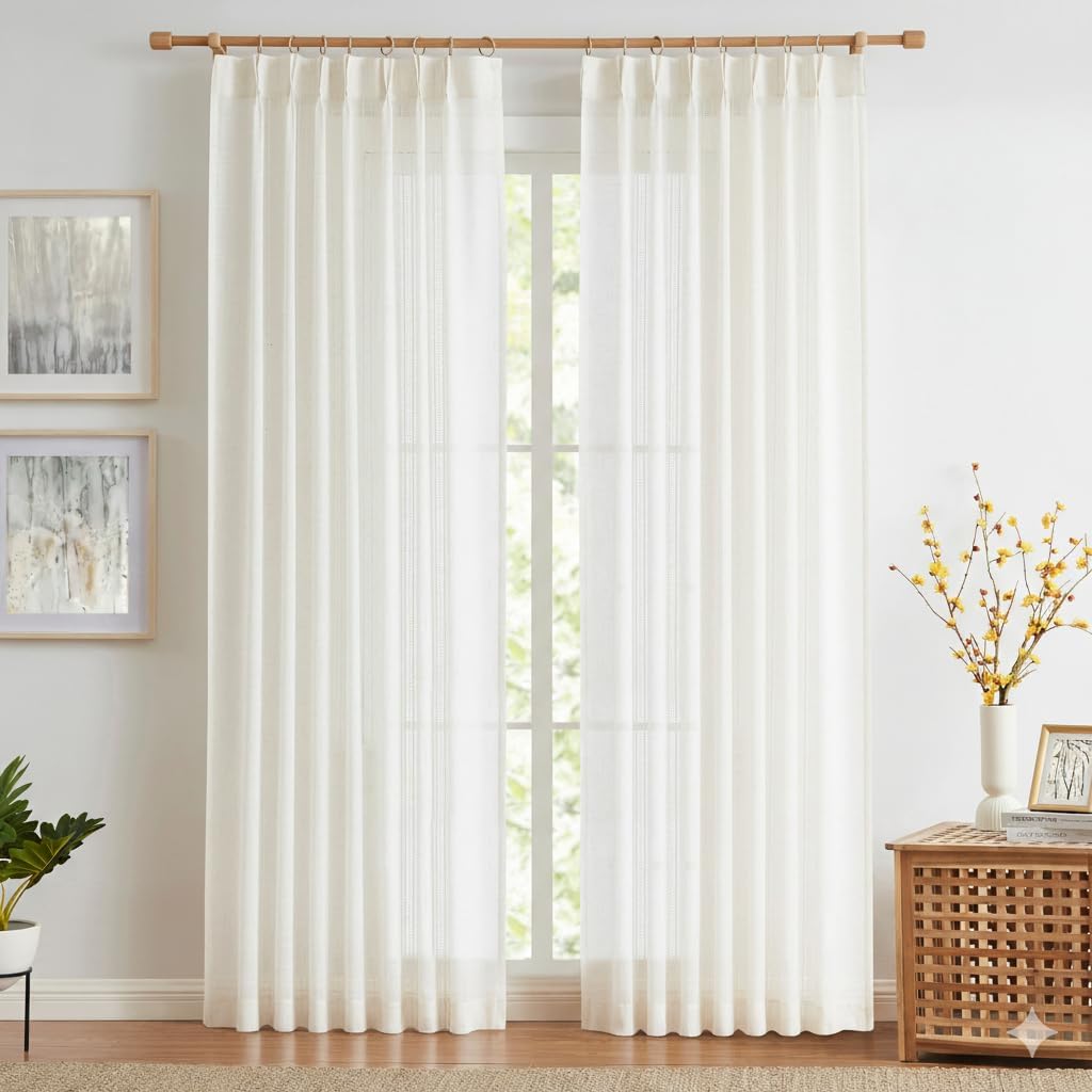 Kayne Studio Natural Boho Semi Sheer Pinch Pleated Curtains,Light Filtering Farmhouse Window Curtains for Living Room,84 inches Pinch Pleat Drapes with 18 Hooks 36"Wx84"L,Linen Blended,2 Panels,Beige