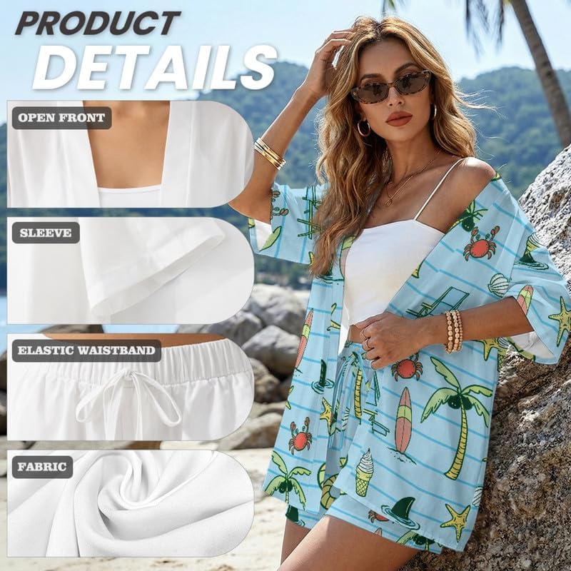 Irisjudy Short Sets for Women Vacation 2 Piece Vacation Outfits - Open Front Kimono Cover Up Summer Cruise Wear