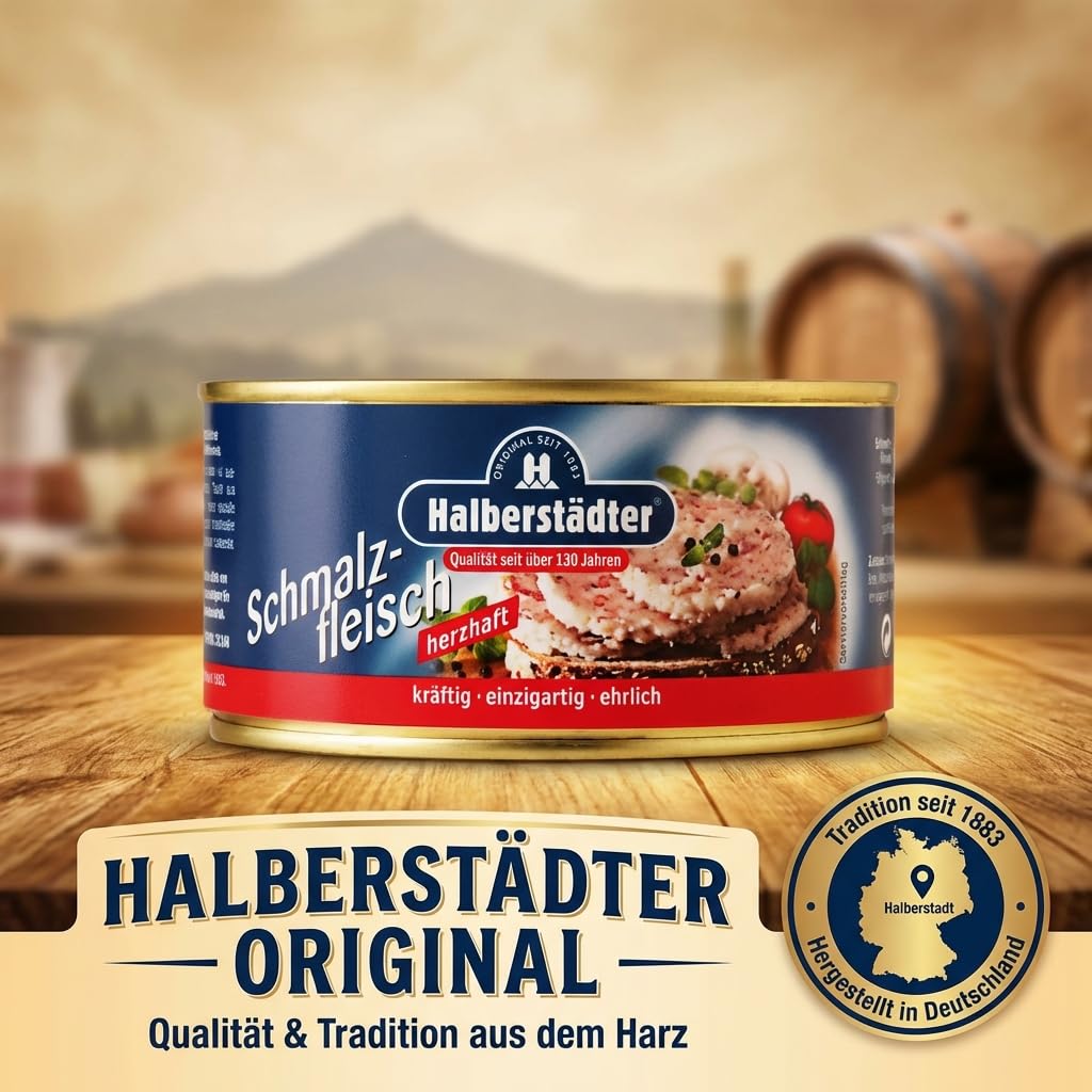Halberstädter Schmalzfleisch herzhaft 300g – Würzig-zwiebeliger Brotaufstrich aus bestem Schweinefleisch – Traditionelle Fleischkonserve in der praktischen Ringdose