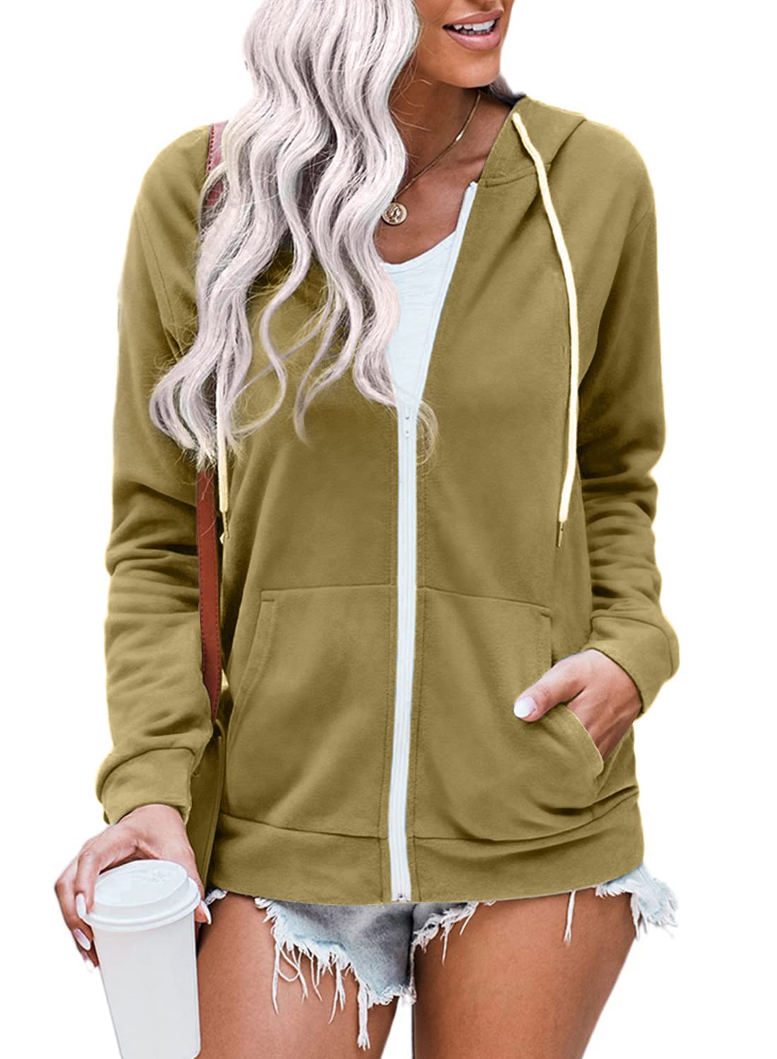 WROLEM Women Casual Full Zip Up Hoodie Comfy Loose Long Sleeve Sweatshirt Solid Color Jacket with Pockets
