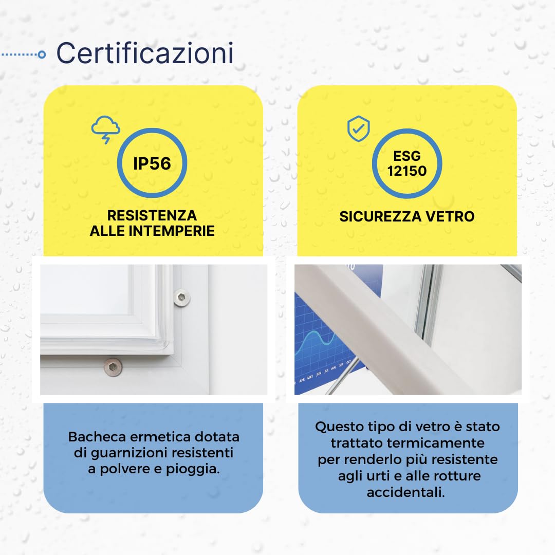 Danieli | Bacheca Certificata per Esterno IP56, Vetro di Sicurezza, Ermetica | Bacheca in Alluminio, Magnetica da Esterno 150x100 con 2 Chiavi | Per Muri e Ringhiere (18xA4)