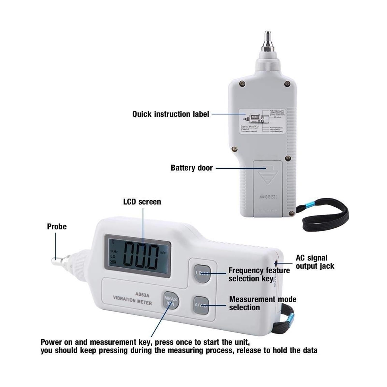 Analizador de vibraciones, Medidor de vibración portátil AS63A, analizador vibración/aceleración/desplazamiento, vibrómetro